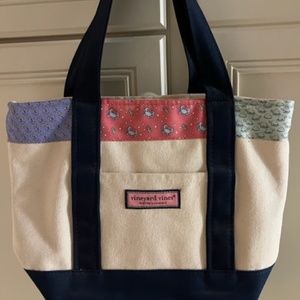 Vineyard Vines Canvas and Silk Zip Top Patchwork Small Tote